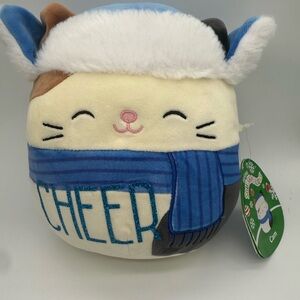 Kellytoy Squishmallows Small 8 inch Holiday Cat Cam CHEER Blue Scarf / Hat EUC